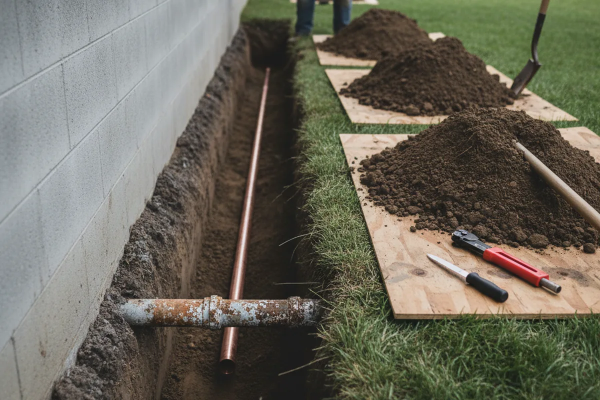 Excavated water line trench during Water Heater Repair in Lake Zurich